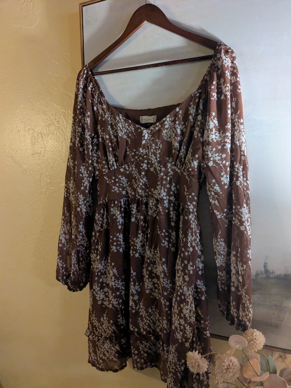 Altar'd State Brown Floral Long-Sleeve Midi Dress